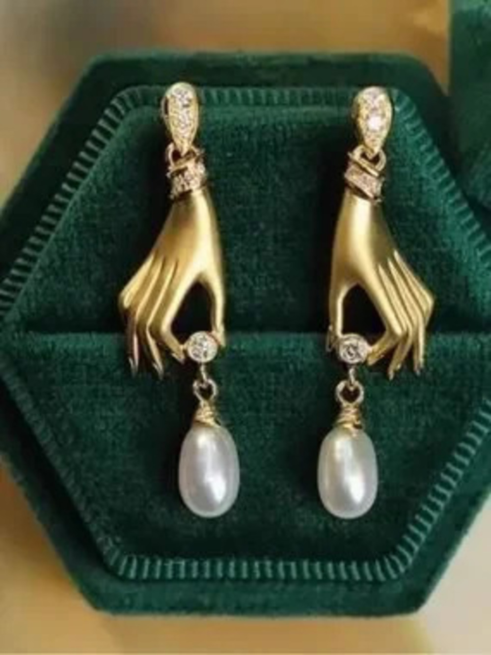 Gold Hand Pearl Drop Earrings with Crystal Accents